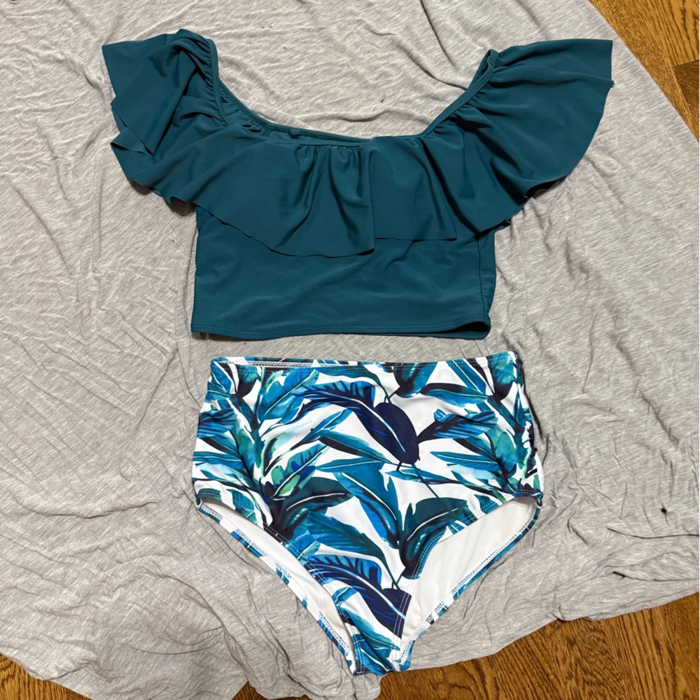Teal Ruffle Bikini Top with Leaf Print Bottoms